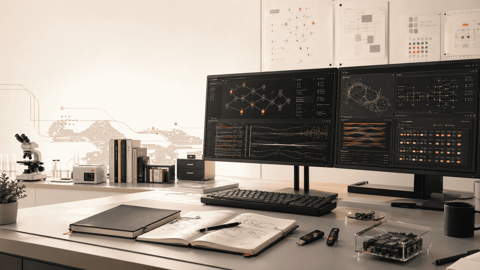 AI research workspace with agent system diagrams and dashboards